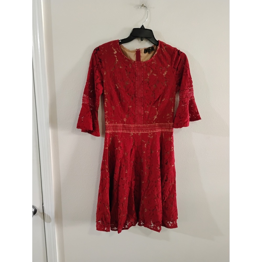 Missmay Retro Gorgeous City Red Floral Lace Bell Sleeve Fit and Flare Dress M